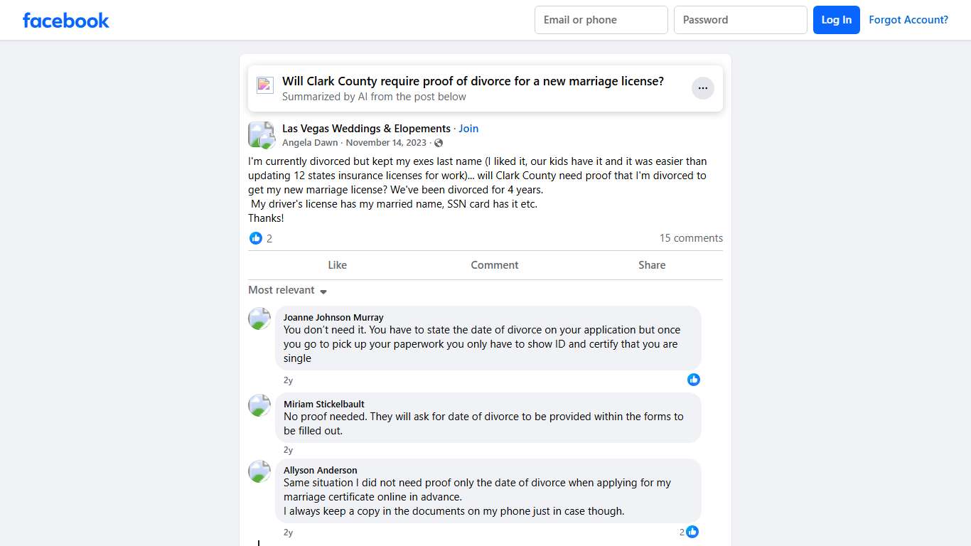 Las Vegas Weddings & Elopements I'm currently divorced but kept my exes last name (I liked it, our kids have it and it was easier than updating 12 states insurance licenses for work)... Facebook